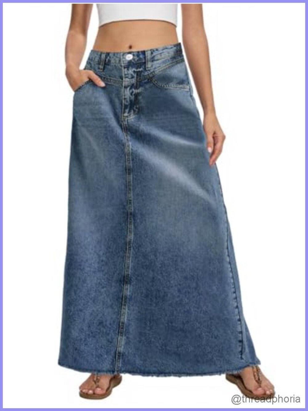 Denim Maxi Skirt High Waist A-Line Frayed Hem Pockets Button Zip Women's